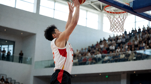 篮球比赛现场，球员跃起投篮，篮筐与观众席清晰可见