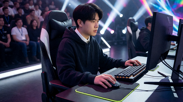 电竞赛事现场，选手在比赛舞台前专注操作，观众席灯光闪烁